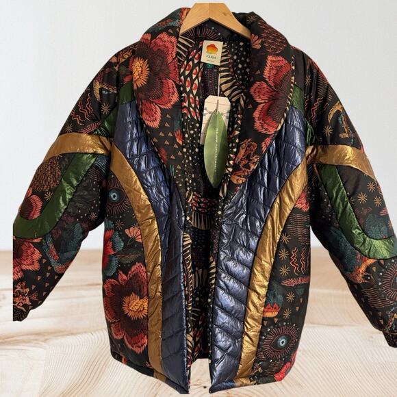 Farm Rio NEW Black Wild Bananas Metallic Reversible Puffer Sz S Jacket 50B $350 - Picture 9 of 16